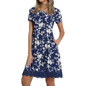 TAOHUADAO Women's 2024 Summer Casual Tshirt Dresses Short Sleeve Ruffle Swing Lace Hem Dress with Pockets