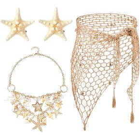 Cotwinter 3 Pieces Mermaid Women Crochet Cover up Swimwear Beach Shawl Capelet Sarong Wrap with Shell Necklace Choker and Starfish Hair Clip Summer Fishnet Net Skirt Set for Women Girls
