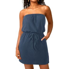 Pinup Fashion Swimsuit Cover Up Terry Cloth Strapless Dress Drawstring with Pockets