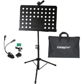 حزمة أداء حامل معدني من سلسلة ChromaCast FBA CC-PS-MSTAND-KIT-1 مع حقيبة حمل، ومشبك ورقة الموسيقى على ضوء قابل للتعديل