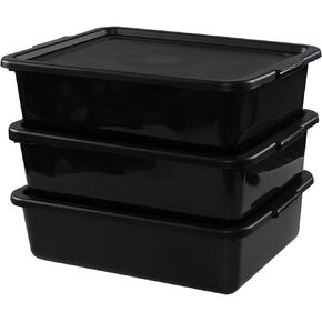 Bblina 13 Liter Commercial Bus Box Tubs with Lids, Plastic Bus Tray Set of 3, Black