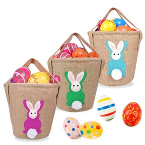3PCS Bunny Easter Baskets for Kids, Canvas Basket Tote with Rabbit Fluffy Tail