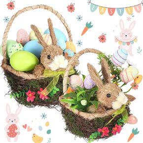 SiliFine 2 Pack Easter Basket Woven Easter Bunny Basket with Handle Wicker Easter Gift Basket for Kids Rabbit Eggs Candy Basket for Egg Hunt Party Gifts Storage, Dia.6.7 x 10.4 Inch,5.5 x 9.4 Inch