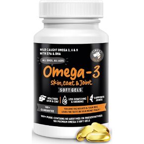 100% Pure Omega 3 Fish Oil Soft Gels for Dogs - Organic Skin, Coat & Joint Supplement - Boost Joint Health, Anti-Shedding & Itch Relief - Ideal for Medium to Large Dogs