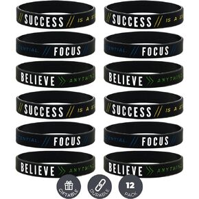Inkstone (12-pack Motivational Silicone Wristbands - Success, Focus & Believe Wholesale Bulk Pack of 12 Silicone Bracelets - Motivation Encouragement Achievement Gifts Party Favors for Adults