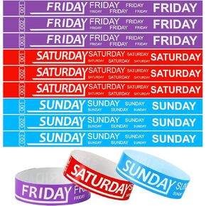 Henoyso 1800 Pcs Paper Wristbands Event Wristbands Numbered Waterproof Wrist Bands for Events Day of The Week Paper Bracelets Wristbands for Kid Adult, Friday, Saturday, Sunday (Purple, Red, Blue)