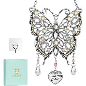 Butterfly Rhinestones Hanging Ornaments Charm Mom Mother's Day Butterfly Wind Chime Ornament Charm with Metal Heart Gifts for Mom Grandma Aunt Birthday (Silver, Grandma)