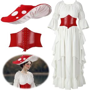 Cutecrop Renaissance Mushroom Medieval Costume with Hat and Cinch Belt Women Victorian Fairy Retro Dress Cosplay