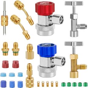 WADEO R134A AC Gauge Hose Conversion Adapters, Including R134A Quick Coupler, R134A Can Tap, R410 Adapters, Tank Adapter and Valve Core Remover for R134A Car AC System Evacuation Recharging