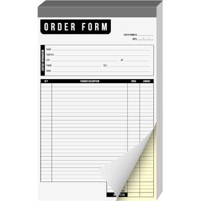 Order Form Pad 2 Part Carbonless Book, Tear Off Carbon Copy White and Yellow Pages, Chipboard Backing for Small Businesses, Sales, Receipt, Booklet, Billing, Contractor Invoice | 5.5" x 8.5" | 50 Sets
