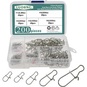 LUORNG 200PCS Freshwater and Saltwater Fishing Gear Accessory Bait Hook Connector 304 Stainless Steel Double Locking Carabiner Silver Swivel Slip Ring for River and Lake Fishing and Boat Fishing