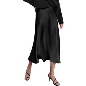 HOTOUCH Womens Midi Skirt High Waisted Solid Satin Dress Zipper Elegant Work Skirts Party Wedding Flared A-Line Skirts