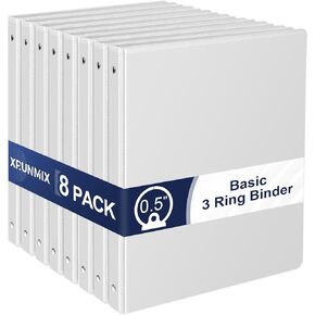 1-Inch 3-Ring-Binder with Pockets, 1'' Basic Binders 1-inch View Round Binders Holds 200 Sheets US Letter Size 8.5'' x 11'' - Bundle 8 Packs Perfect for Home, Office, and School (XY012-WH)