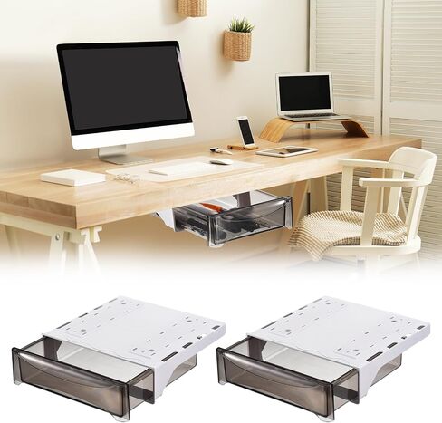 uxcell Under Desk Drawer, 2Pcs - Plastic Self-Adhesive Under Desk Storage Organizer, Slide Out Stationery Storage for Office Home (Black, 190x245 MM) in Saudi Arabia