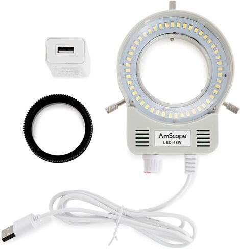 AmScope 48 LED Microscope Ring Light مع باهتة - حجم تركيب يصل إلى 61 مم - يتضمن محول حلقة 48 مم - للمجاهر الاستريو - LED-48W in Kuwait