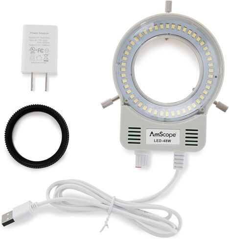 AmScope 48 LED Microscope Ring Light مع باهتة - حجم تركيب يصل إلى 61 مم - يتضمن محول حلقة 48 مم - للمجاهر الاستريو - LED-48W in Kuwait