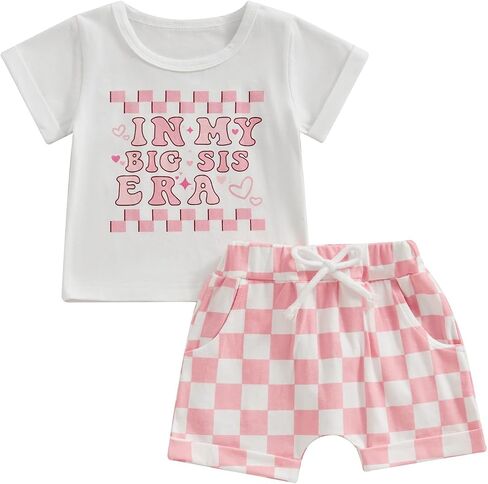 Gueuusu Brother Sister Matching Outfit Short Sleeve In My Big/Lil Sis Era T-shirt Checkered Shorts Set Toddler Summer Clothes in Saudi Arabia