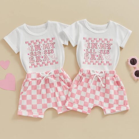 Gueuusu Brother Sister Matching Outfit Short Sleeve In My Big/Lil Sis Era T-shirt Checkered Shorts Set Toddler Summer Clothes in Saudi Arabia