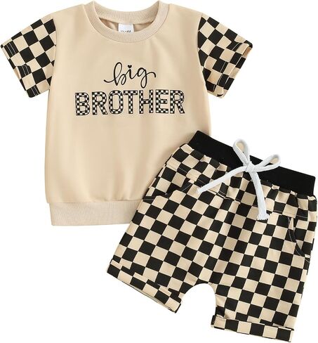 Gueuusu Brother Sister Matching Outfit Short Sleeve In My Big/Lil Sis Era T-shirt Checkered Shorts Set Toddler Summer Clothes in Saudi Arabia