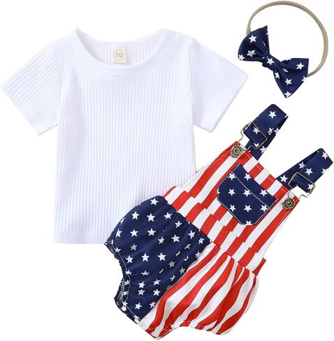 الوليد طفلة 4th من يوليو الزي مضلع قصيرة الأكمام قميص أعلى + الولايات المتحدة الأمريكية العلم ستار شريط الحمالات السراويل عقال in Kuwait