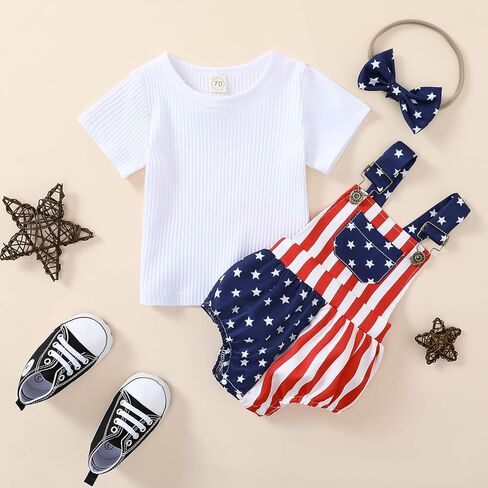 الوليد طفلة 4th من يوليو الزي مضلع قصيرة الأكمام قميص أعلى + الولايات المتحدة الأمريكية العلم ستار شريط الحمالات السراويل عقال in Kuwait