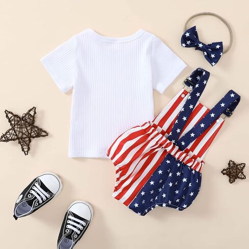 الوليد طفلة 4th من يوليو الزي مضلع قصيرة الأكمام قميص أعلى + الولايات المتحدة الأمريكية العلم ستار شريط الحمالات السراويل عقال in Kuwait