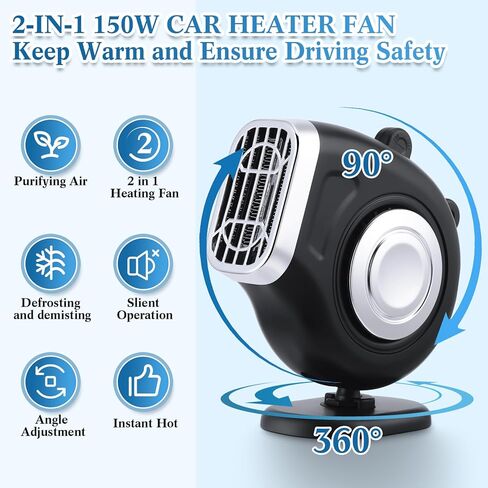Tujoe 3 Pcs 12V 150W Car Heater That Plugs into Cigarette Lighter 2 in 1 Portable Car Heater and Defroster 12V Space Heater for Car Black Car Warmer for Winter Window Defroster for Cars, SUV Supplies in Kuwait