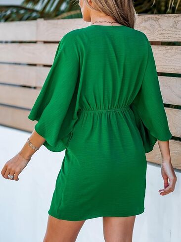 CUPSHE Women's V Neck Summer Dress 3/4 Kimono Sleeve Self Tie Pleated Loose Slit Mini Casual Dress in Saudi Arabia