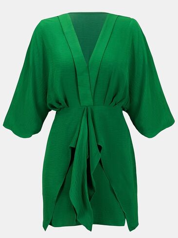 CUPSHE Women's V Neck Summer Dress 3/4 Kimono Sleeve Self Tie Pleated Loose Slit Mini Casual Dress in Saudi Arabia