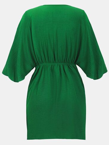CUPSHE Women's V Neck Summer Dress 3/4 Kimono Sleeve Self Tie Pleated Loose Slit Mini Casual Dress in Saudi Arabia