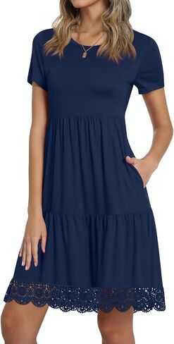TAOHUADAO Women's 2024 Summer Casual Tshirt Dresses Short Sleeve Ruffle Swing Lace Hem Dress with Pockets in Kuwait