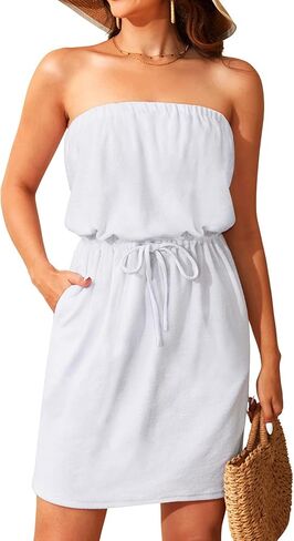 Pinup Fashion Swimsuit Cover Up Terry Cloth Strapless Dress Drawstring with Pockets in Saudi Arabia