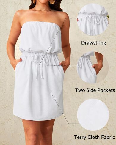 Pinup Fashion Swimsuit Cover Up Terry Cloth Strapless Dress Drawstring with Pockets in Saudi Arabia
