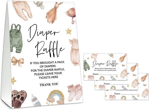 مجموعة ألعاب استحمام الطفل UTESG Diaper Raffle، تذاكر يانصيب حفاضات ملابس الأطفال، ديكورات حفلات استحمام الطفل بوهو تكشف عن جنس الطفل، 1 علامة واقفة + 50 بطاقة تخمين (B20) in Kuwait