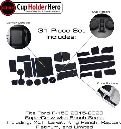 CupHolderHero fits Ford F150 Accessories 2015-2020 Premium Custom Interior Non-Slip Anti Dust Cup Holder Inserts, Center Console Liner Mats, Door Pocket Liners 30pc Set (Bucket SuperCrew) (Red Trim) in Saudi Arabia