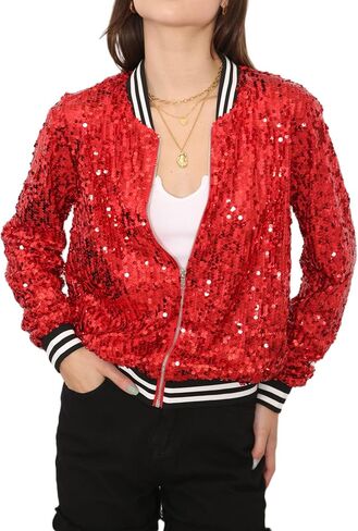 Anna-Kaci Womens Sequin Jacket Bomber Coat 1989 Slitter Outfit For Concert Party, Red, Medium in Saudi Arabia