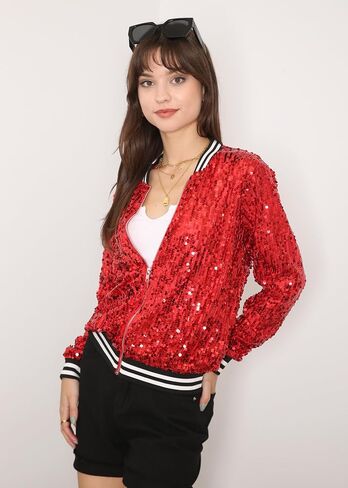 Anna-Kaci Womens Sequin Jacket Bomber Coat 1989 Slitter Outfit For Concert Party, Red, Medium in Saudi Arabia