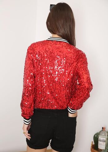Anna-Kaci Womens Sequin Jacket Bomber Coat 1989 Slitter Outfit For Concert Party, Red, Medium in Saudi Arabia