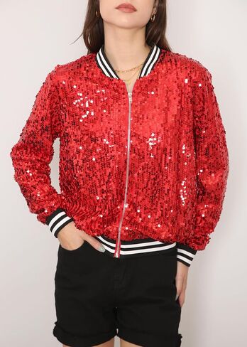 Anna-Kaci Womens Sequin Jacket Bomber Coat 1989 Slitter Outfit For Concert Party, Red, Medium in Saudi Arabia