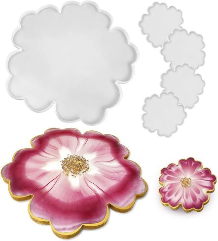 RESINWORLD Resin Tray Coaster Mold Set, 1Pc 13'' Large Floral Tray Mold + 4 Pack 4'' Flower Geode Coaster Silicone Molds (No Designs on Mold) in Kuwait
