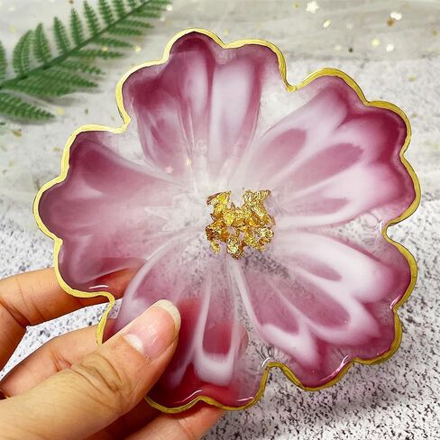 RESINWORLD Resin Tray Coaster Mold Set, 1Pc 13'' Large Floral Tray Mold + 4 Pack 4'' Flower Geode Coaster Silicone Molds (No Designs on Mold) in Kuwait