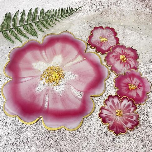 RESINWORLD Resin Tray Coaster Mold Set, 1Pc 13'' Large Floral Tray Mold + 4 Pack 4'' Flower Geode Coaster Silicone Molds (No Designs on Mold) in Kuwait