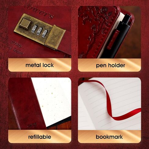 CAGIE Diary with Lock for Women Lockable Secrets Journal , Embossed Design Ruby Red Cover, 120 GSM 224 Pages Thick Refillable Journal with Lock for Adults Kids in Saudi Arabia