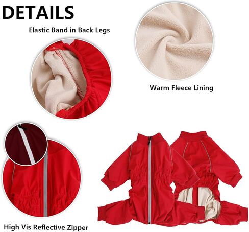 معطف للكلاب بسحاب من Geyecete مع راحة للساقين، سترة سميكة مضادة للماء للحيوانات الأليفة للكلاب والجرو بأربعة أرجل - أحمر - S in Kuwait