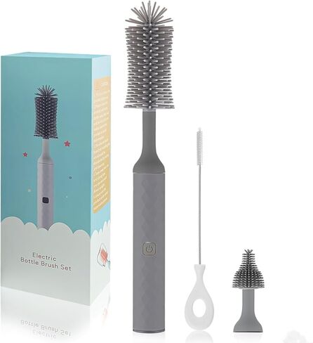 مجموعة فرشاة الزجاجة الكهربائية soarup90000 مع فرشاة زجاجة السيليكون، فرشاة الحلمة، منظف المصاصة، قابلة للشحن عبر USB، مقاومة للماء IPX65، هدية للأمهات الجدد، رمادي in Kuwait