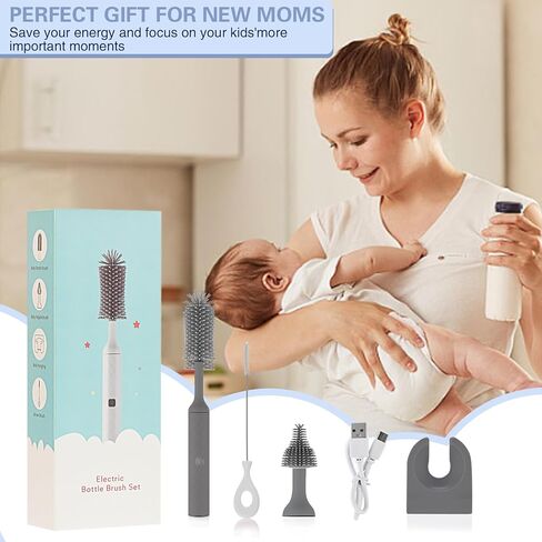 مجموعة فرشاة الزجاجة الكهربائية soarup90000 مع فرشاة زجاجة السيليكون، فرشاة الحلمة، منظف المصاصة، قابلة للشحن عبر USB، مقاومة للماء IPX65، هدية للأمهات الجدد، رمادي in Kuwait