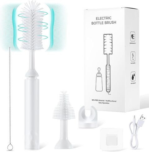 Oustartom Electric Bottle Brush Cleaner - Professional Baby Bottle Cleaner and Brush for Infant Accessories and Straw Cups - Rechargeable with Interchangeable Brush Heads in Saudi Arabia