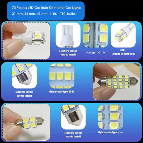 Ausfyyam 70 Pieces LED Car Bulb Kit Interior Car Lights LED Dome Light LED Bulbs Replacement Festoon Bulbs for Car Map Dome Trunk Cargo Door Courtesy License Plate Light in Saudi Arabia