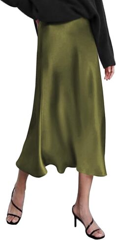 HOTOUCH Womens Midi Skirt High Waisted Solid Satin Dress Zipper Elegant Work Skirts in Kuwait