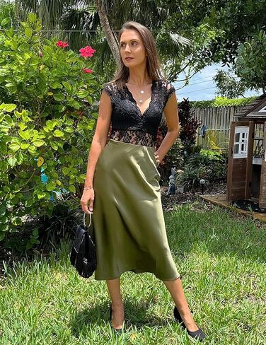 HOTOUCH Womens Midi Skirt High Waisted Solid Satin Dress Zipper Elegant Work Skirts in Kuwait